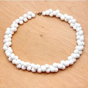 Vintage Milk White Beaded Cluster Necklace Braided Statement Bead Choker Collar